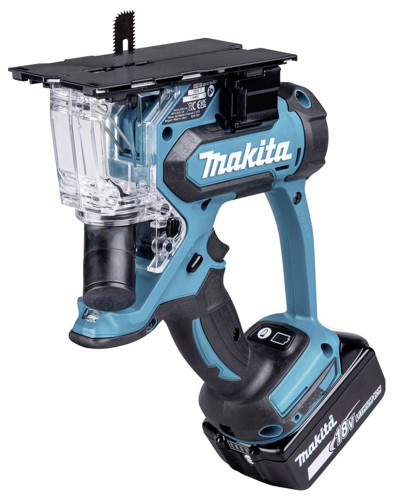 Cordless Makita drywall saw with an 18V lithium-ion battery, designed for cutting drywall effortlessly, featuring a compact design.
