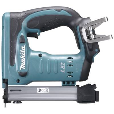 Blue and black cordless nail gun by Makita, LXT model, shown from the side. Adapter and handle are visible.