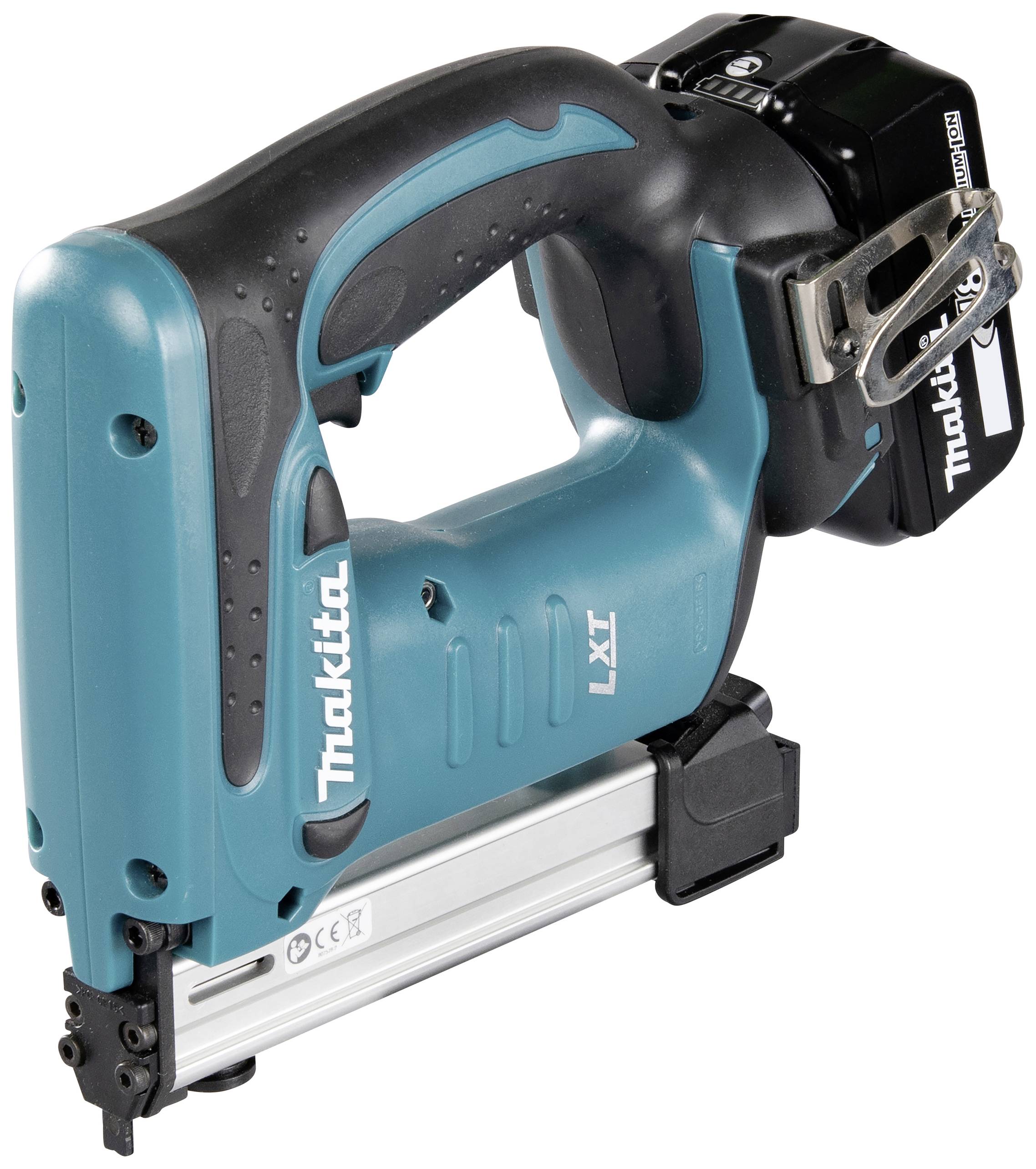 Cordless nail gun in turquoise and black. It bears the inscription 'Makita LXT' and is suitable for cordless nailing.