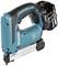 Cordless nail gun in turquoise and black. It bears the inscription 'Makita LXT' and is suitable for cordless nailing.