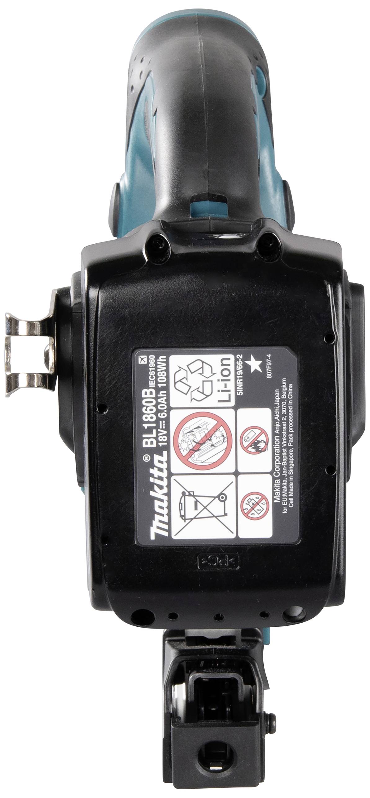 The rear side of a blue and black hand tool with a label displaying warning symbols and information about the lithium-ion battery.