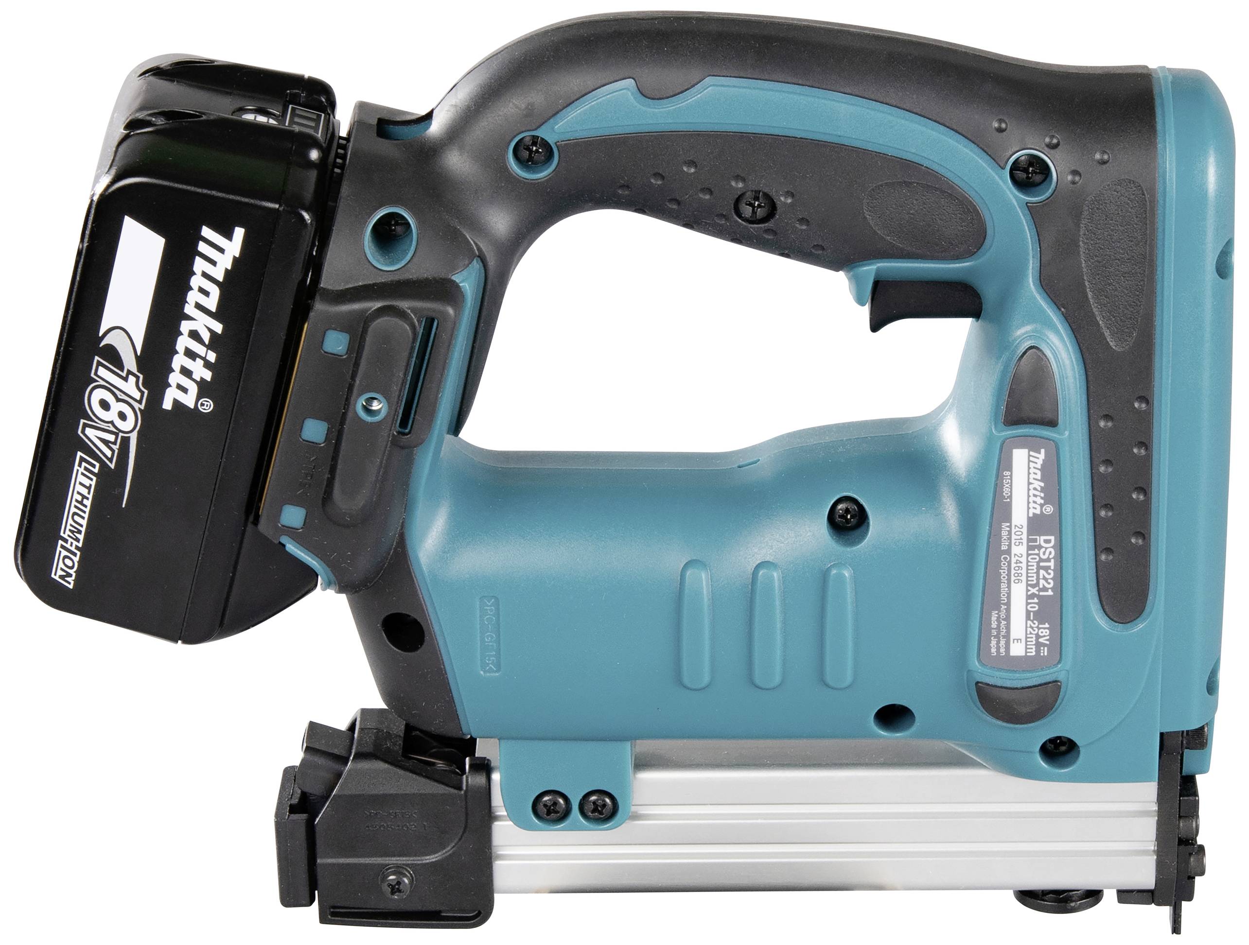 A cordless, blue-black electric nail gun with an integrated lithium-ion battery, suitable for construction work.