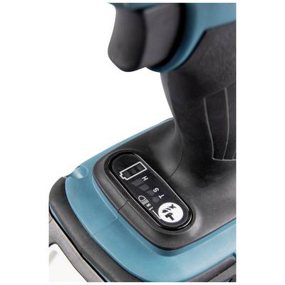 Close-up of a blue and black battery-powered tool with a control panel for speed adjustment.