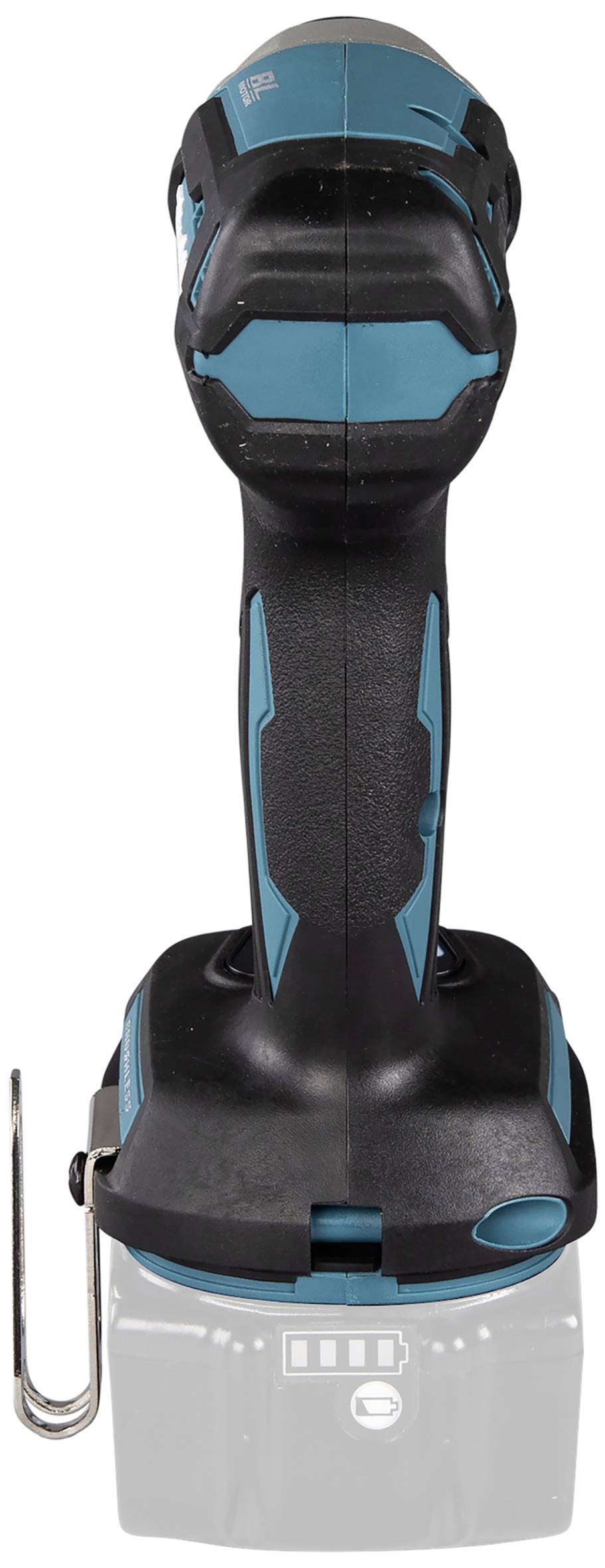 Cordless drill in black and blue, viewed from the side.