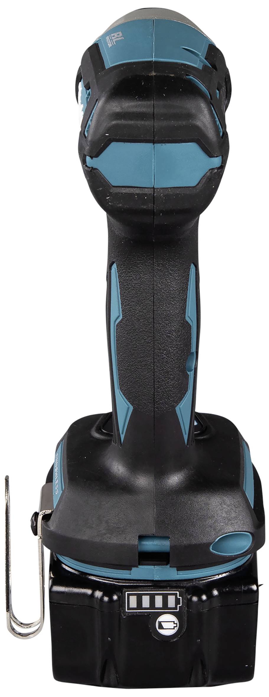 'Cordless drill in black and blue, vertical close-up. Battery with charging indicator and belt clip are visible.'