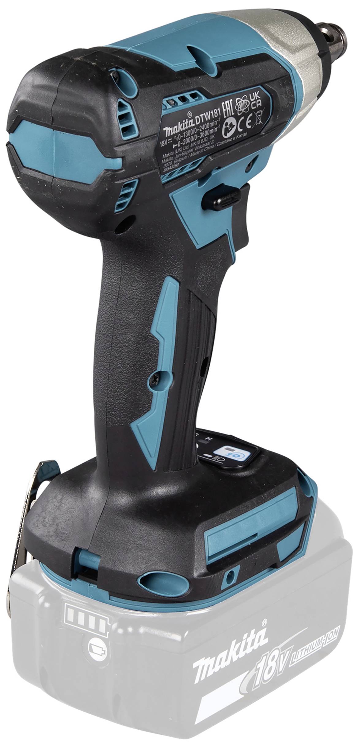 Cordless drill in black and blue, 18V, with ergonomic handle and visible control elements. Brand name on the battery.