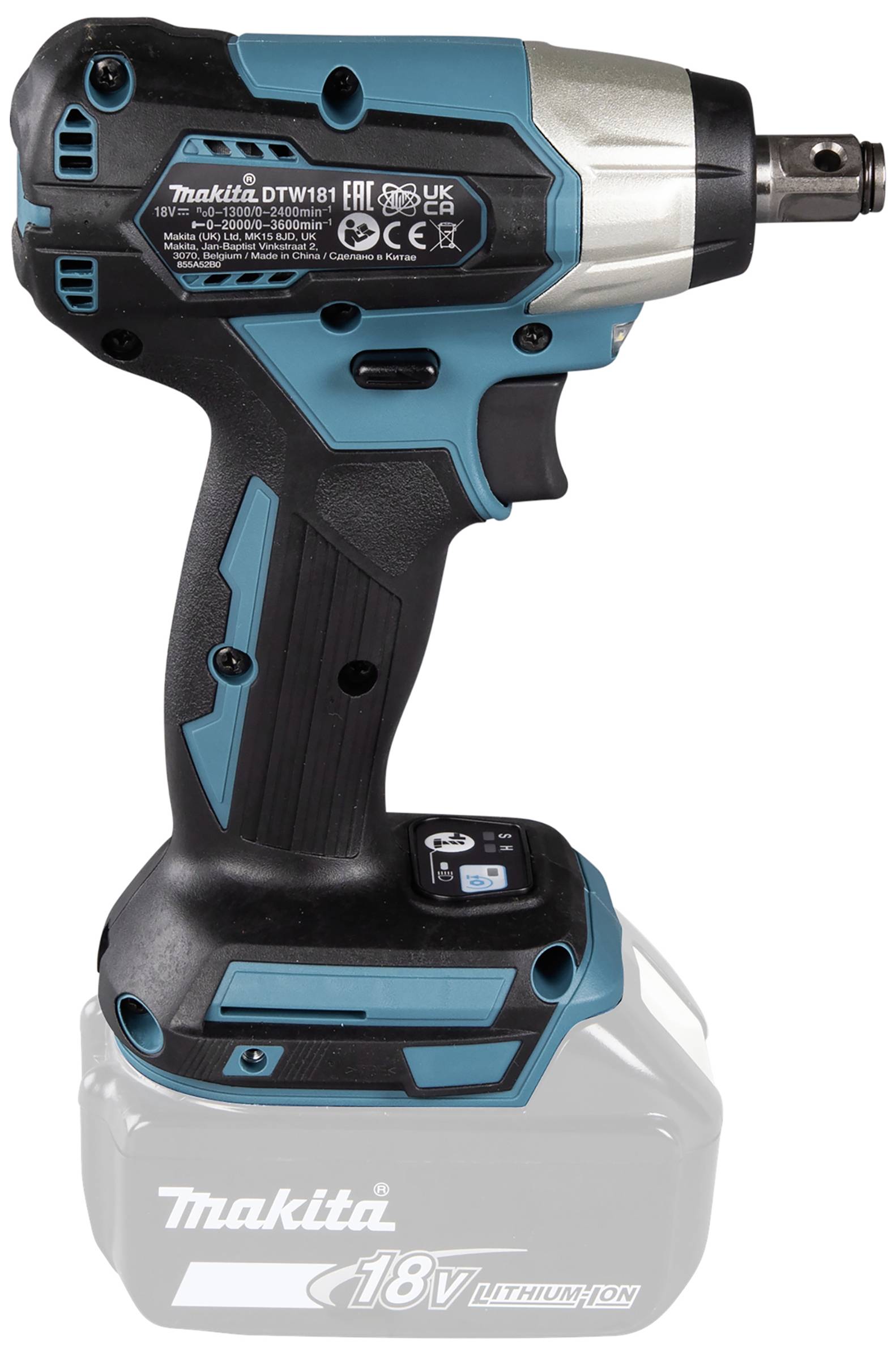 A cordless impact driver with battery by Makita, Model BTW181, in Blue and Black, for use in craft and construction industries.