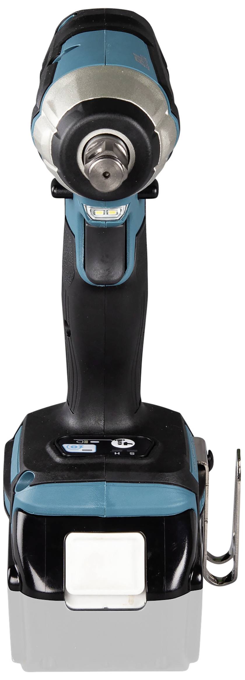 A navy blue and black cordless impact driver, pictured head-on, with a metal hook on the side. Perfect for DIY and tradesperson work.