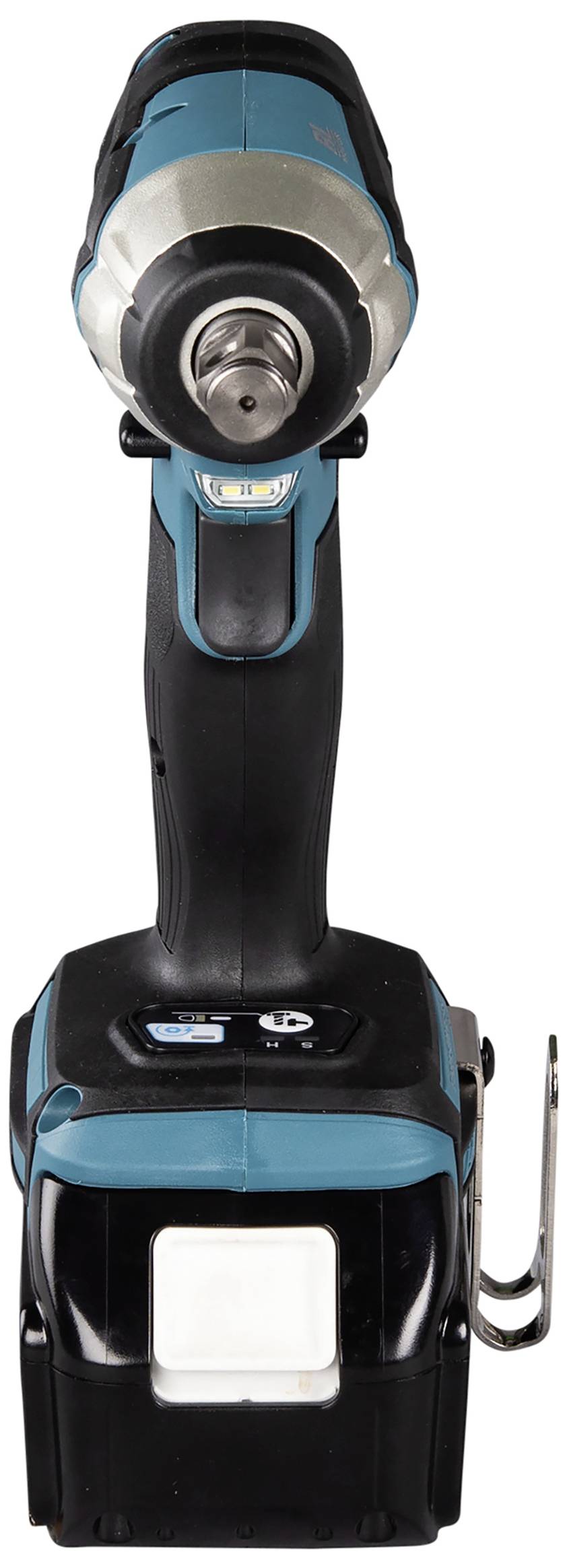 Cordless drill in turquoise and black, front view.