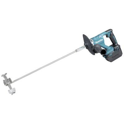A cordless concrete mixer with blue and black Makita branding, metal mixing solution on a long rod, suitable for construction work.
