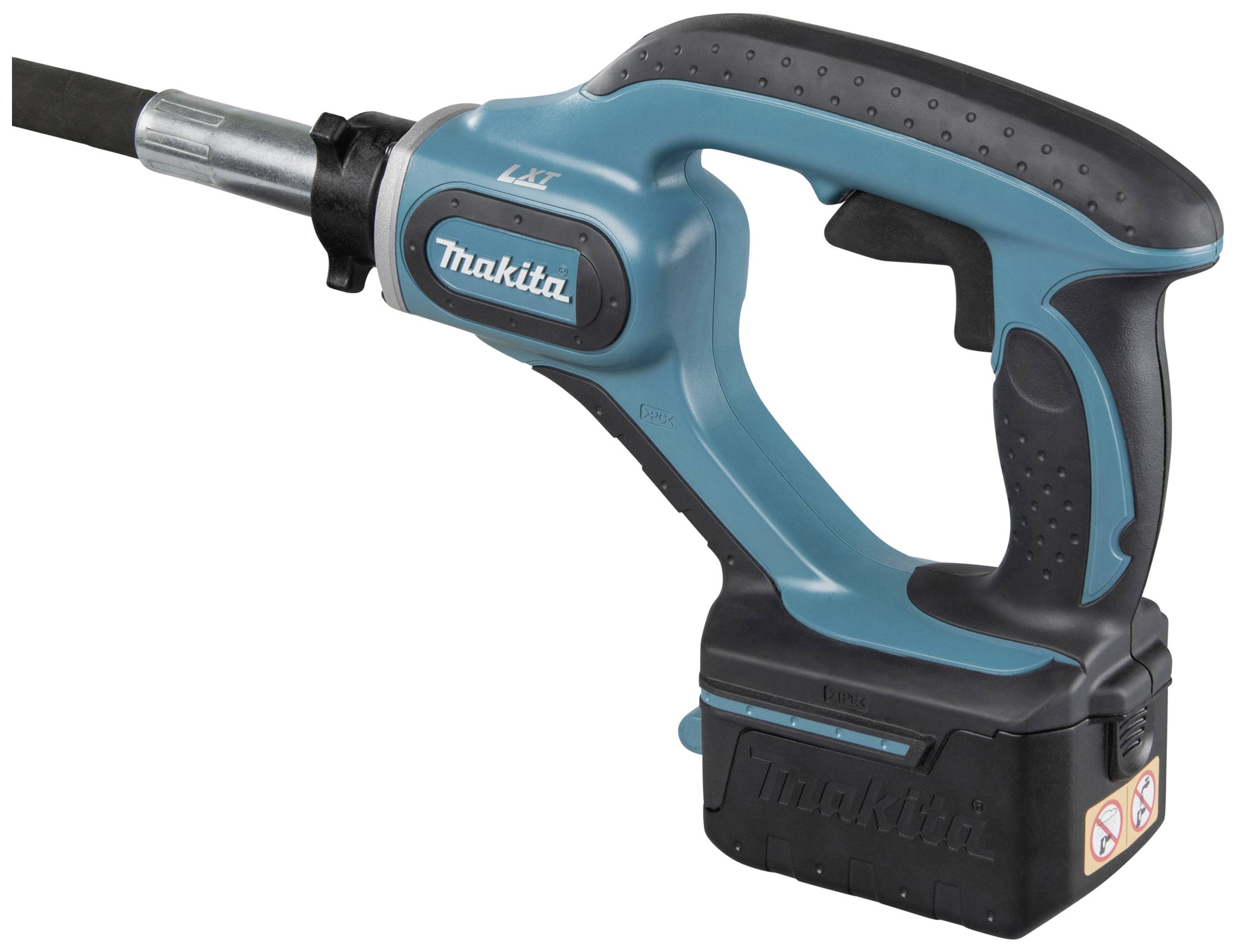 Cordless electric grease gun in blue-black with ergonomic handle and battery, for lubricating machines and vehicles.
