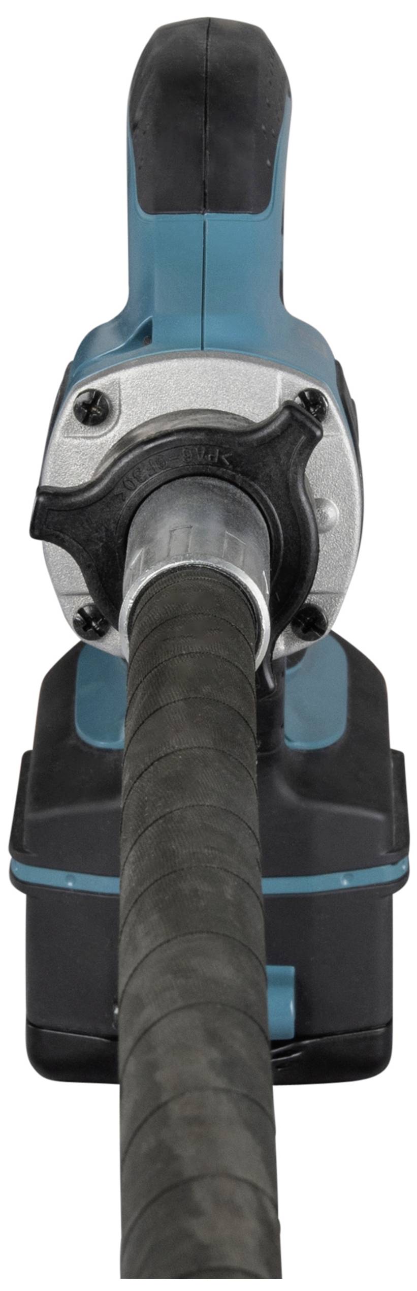 An electric tool with a handle and a rotating disc. It is used for cutting or grinding metal rods.