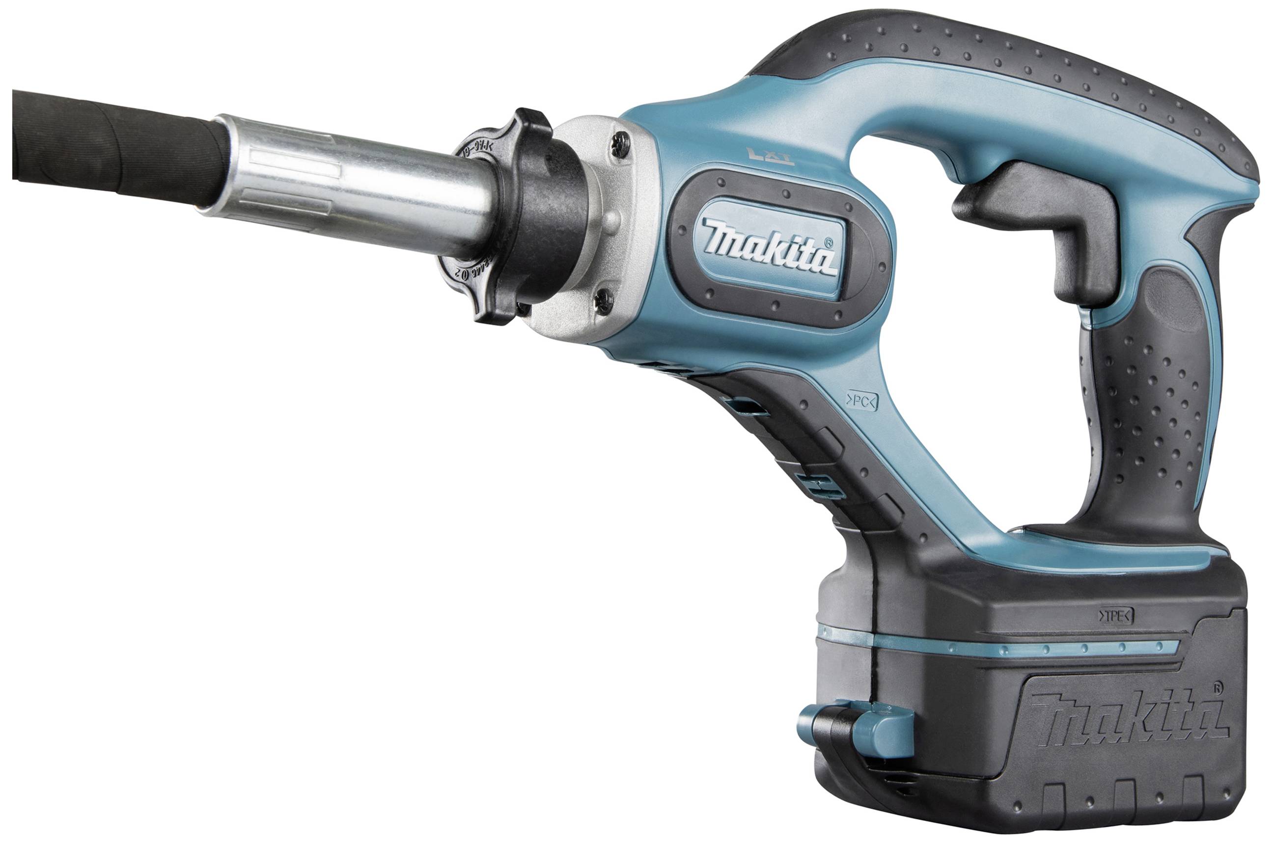A cordless electric impact driver with an ergonomic handle and battery. Suitable for construction and assembly work.