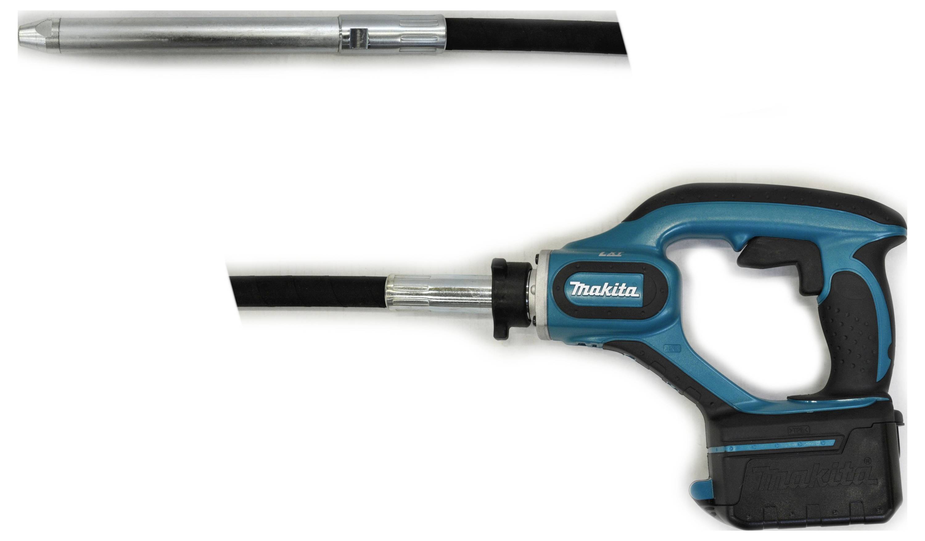 'Makita Cordless Concrete Vibrator'. A handheld, cordless tool for compacting concrete, with a long hose attachment.