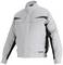 A grey jacket with dark accents on the sleeves and pockets. A zip runs down the front, with a logo on the hem.
