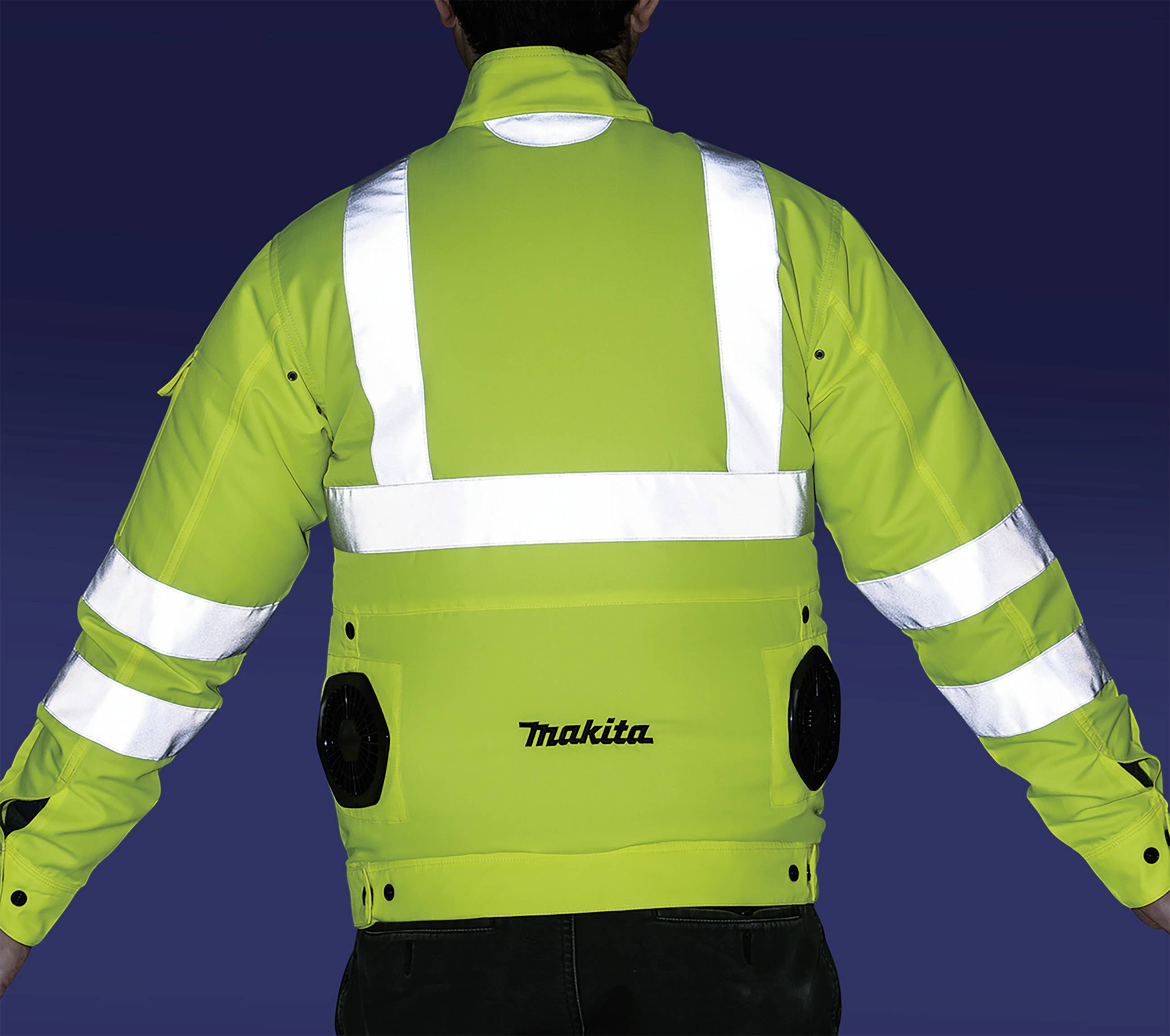 A person wearing a high-visibility neon yellow safety jacket with reflective strips, visible from behind, with the 'Makita' logo underneath.
