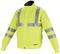 Fluorescent yellow safety jacket with reflective strips, long sleeves and a high-necked collar, ideal for enhanced visibility.