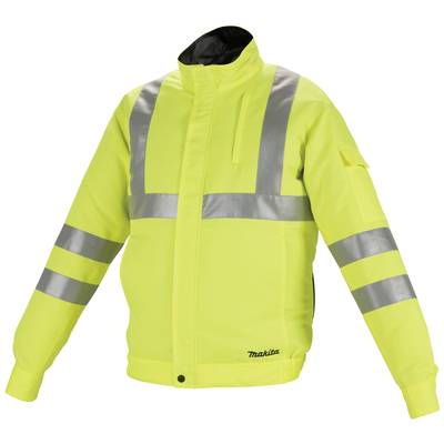 Bright yellow high-visibility jacket with reflective strips on the chest and arms. It provides visibility and protection in poor lighting conditions.