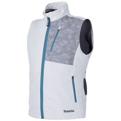 White sleeveless jacket with blue zips, grey camouflage panel on the chest and brand logo at the bottom.