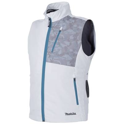 White vest with grey camouflage pattern and blue zips. Brand name bottom right.