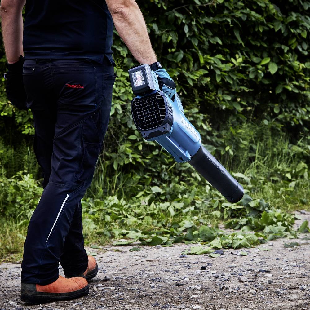 A person is blowing leaves away with a blue leaf blower on a stony path. Surrounded by green plants, they are wearing work gloves.