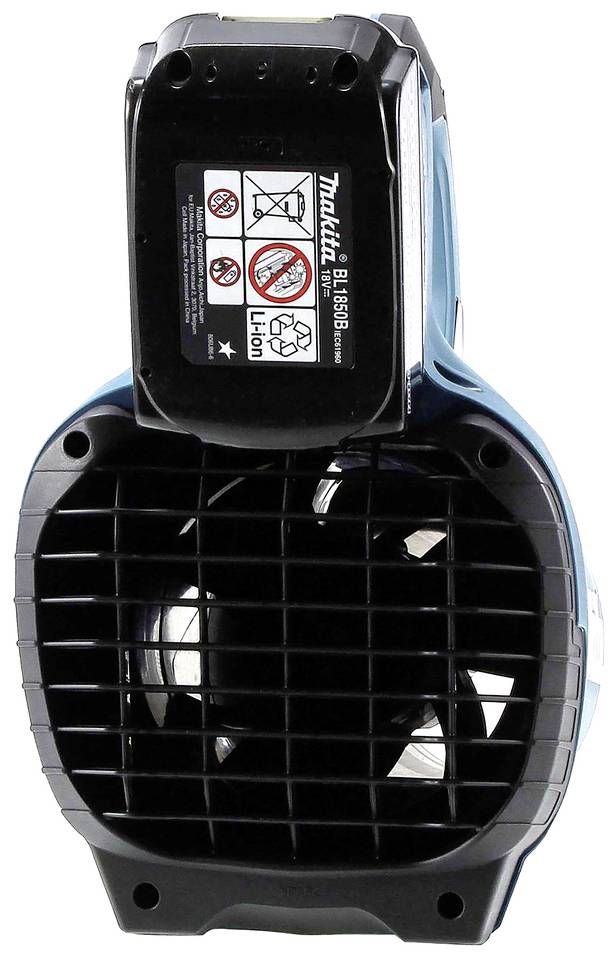 A portable, battery-powered blower in blue and black, with operating instructions on the top and a large air outlet grille.