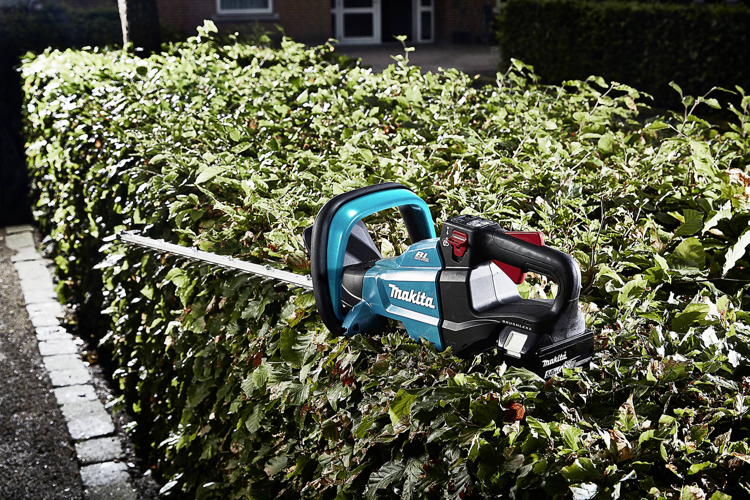A Makita hedge trimmer cuts a dense green hedge outdoors. Blurred plants and buildings are visible in the background.
