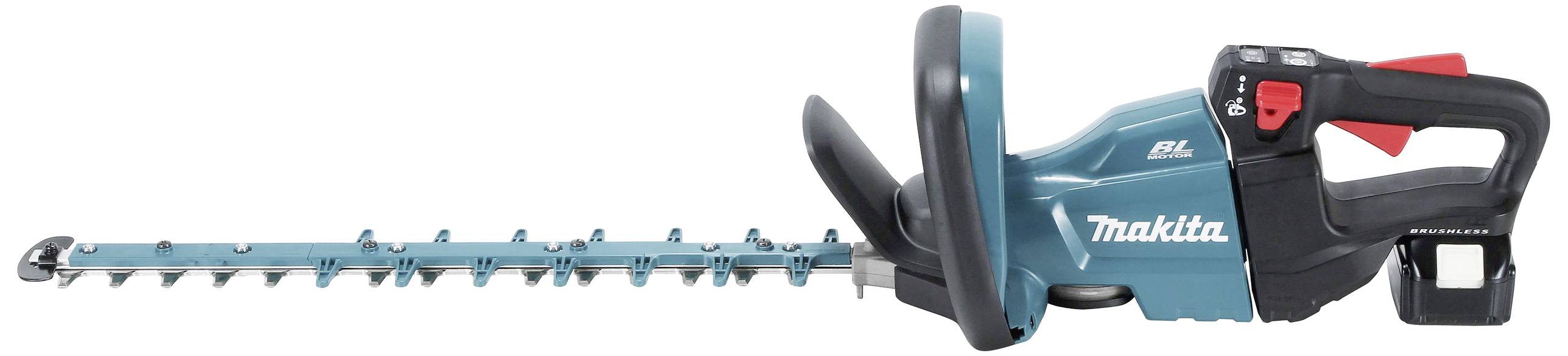 Green electric hedge trimmer with a black handle, red switch, and silver blade; jigsaw blade along the edge of the blade.