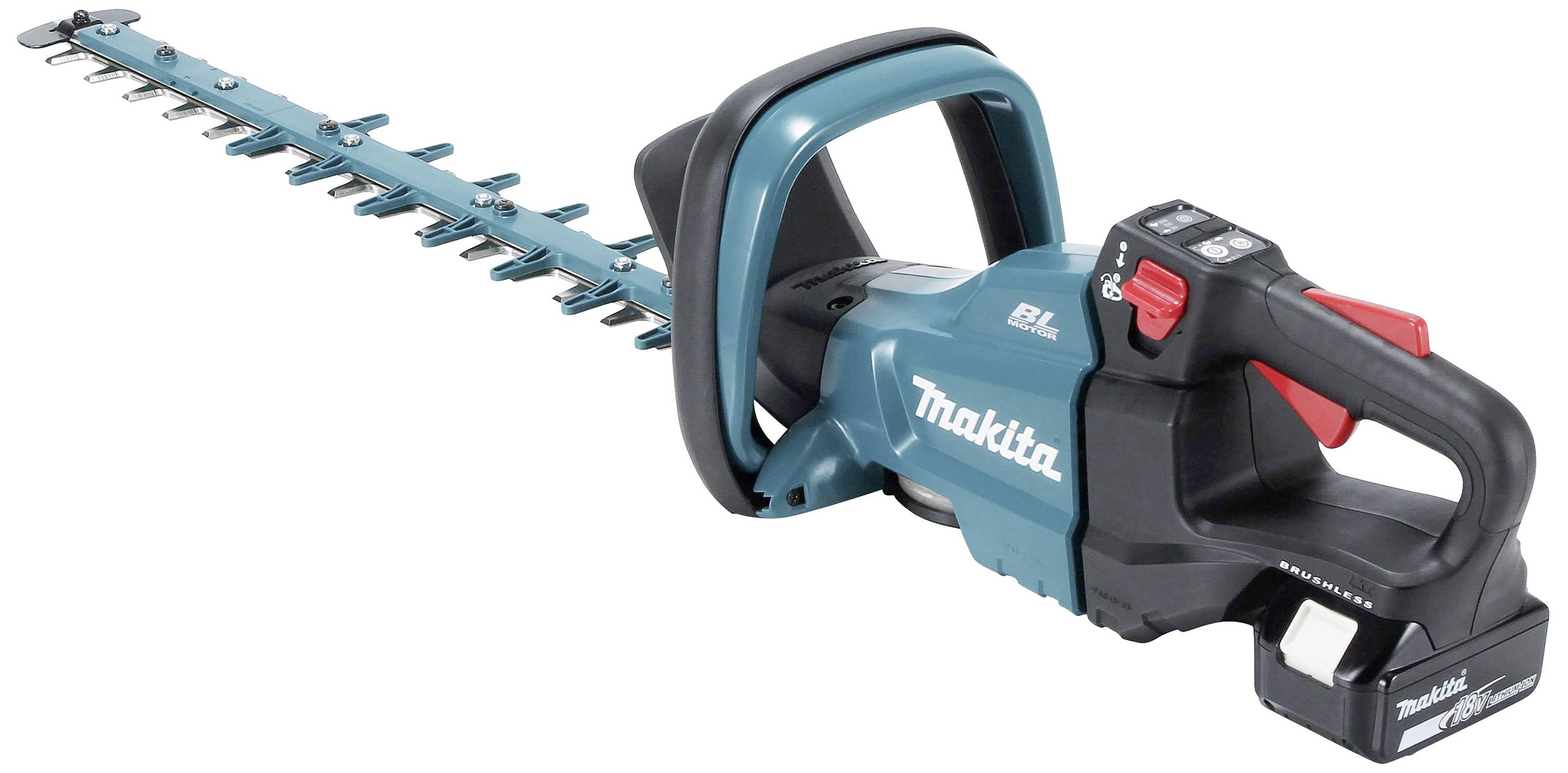 Battery-powered hedge trimmer with an ergonomic handle and long cutting blade. Suitable for precise cutting of hedges and shrubs.