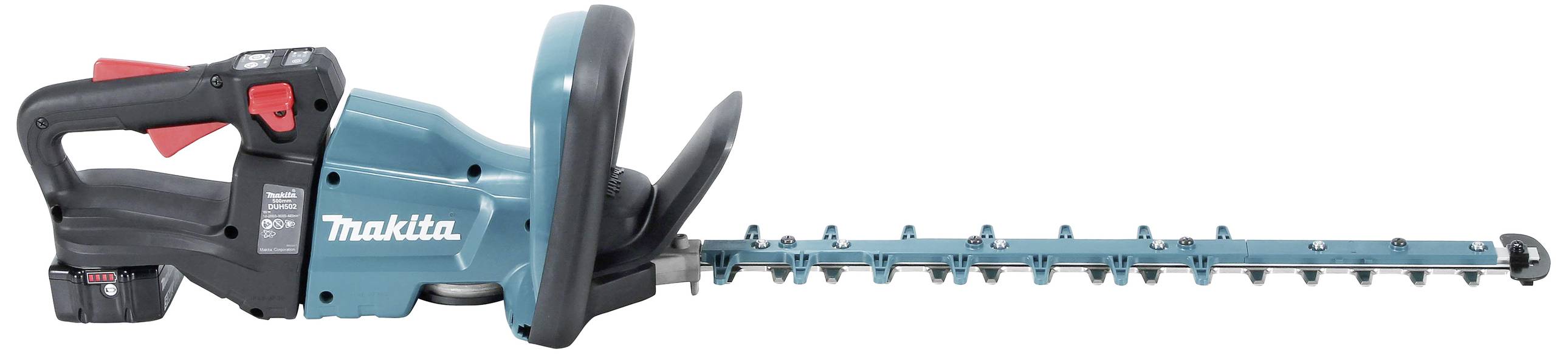 A blue, electric hedge trimmer with a long cutting blade, suitable for trimming hedges and shrubs in the garden.