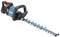 Electric hedge trimmer with a blue casing, black handle, and long, serrated blades, suitable for gardening.