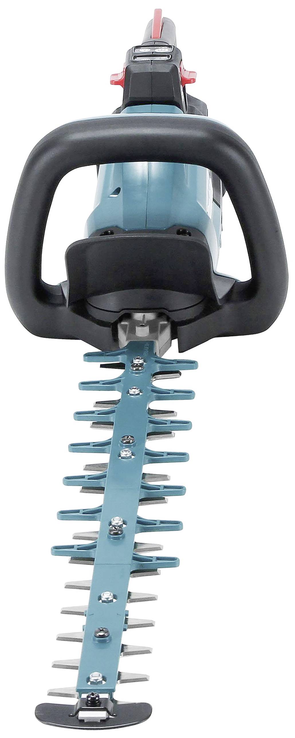 Electric hedge trimmer, navy blue and black, with a long, sharp blade bar, suitable for trimming hedges and shrubs.