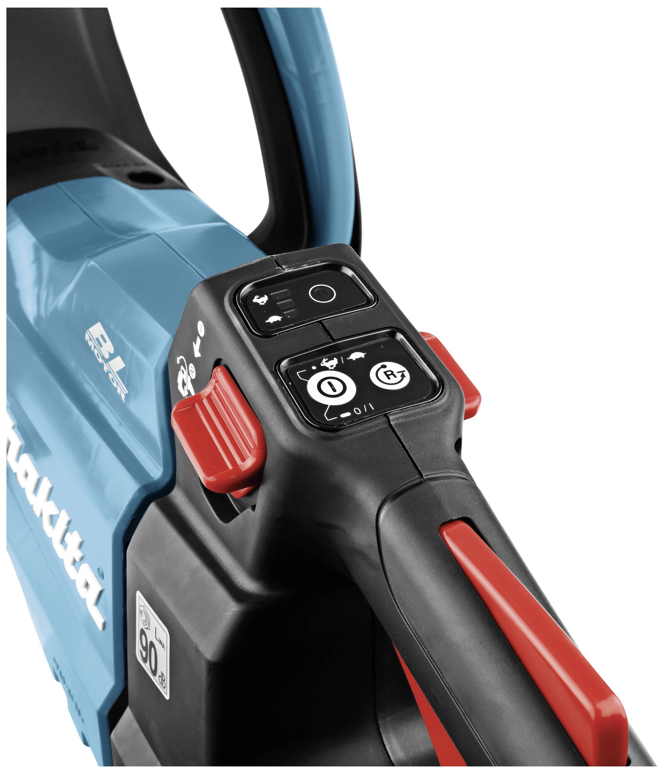 A blue electric chainsaw with black and red control elements, including various function buttons on the handle.