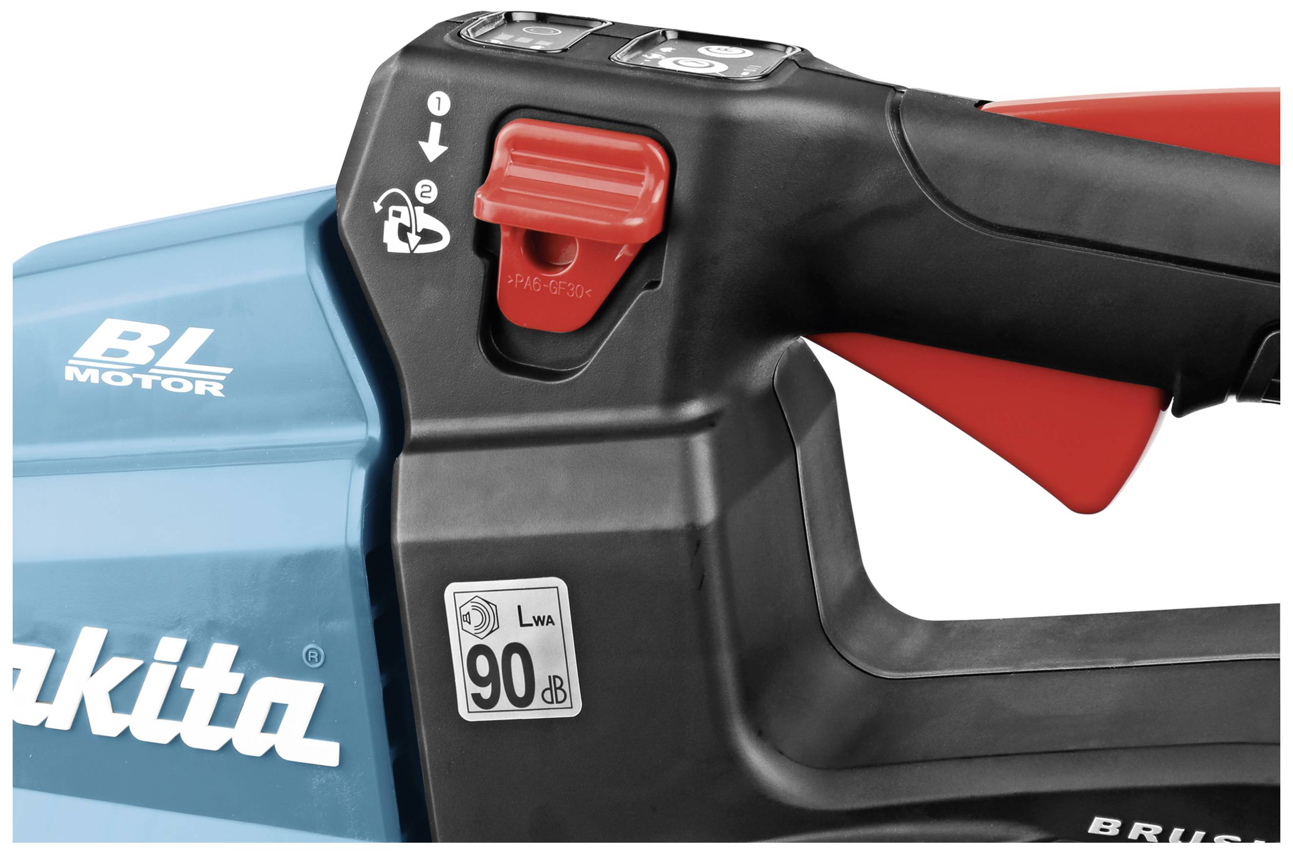 A close-up of the handle of a blue device printed with 'BL Motor' and '90 dB'. The handle has a red switch and symbols.