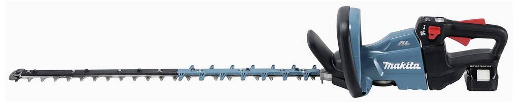 Electric hedge trimmer with a blue casing and black handle, suitable for precise hedge cutting in the garden.