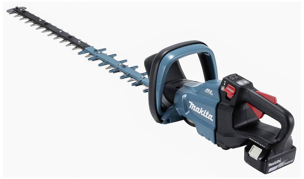 Cordless hedge trimmer with blue and black design, brand name on the side. Suitable for cutting hedges and bushes.