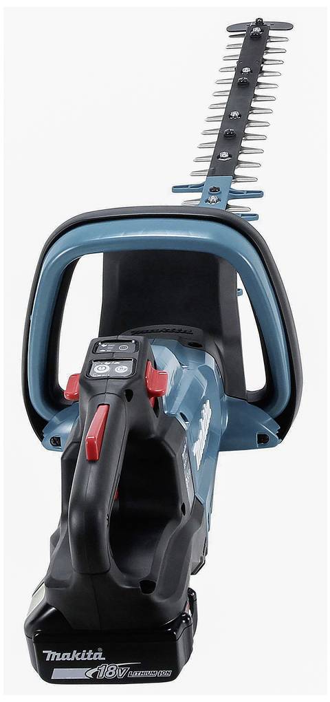 Electric hedge trimmer by Makita with 18V battery, black handle and silver blade. Ready for garden work.