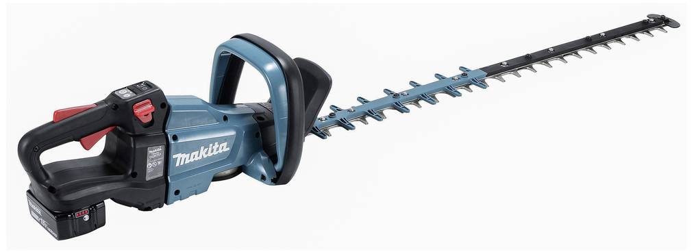 Battery-powered hedge trimmer in blue with a black handle and red switch, branded 'Makita', displaying cutting blades and battery.