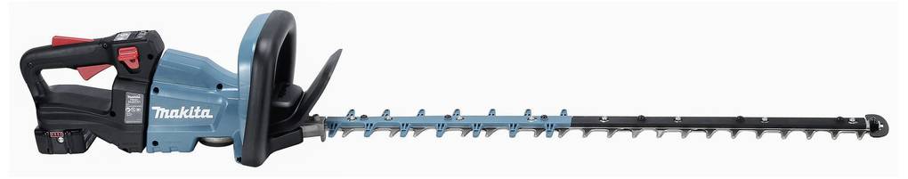 Electric hedge trimmer with blue housing and black handle, long cutting blade. 'Makita' marking on the side.
