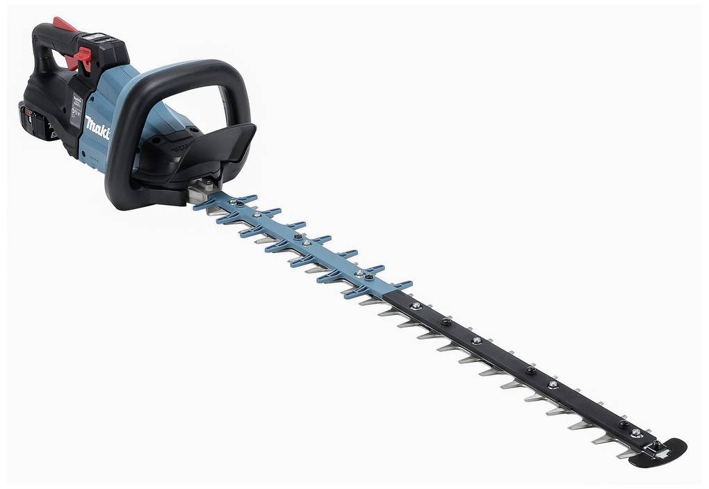 A blue cordless hedge trimmer with a black handle and silver blades.