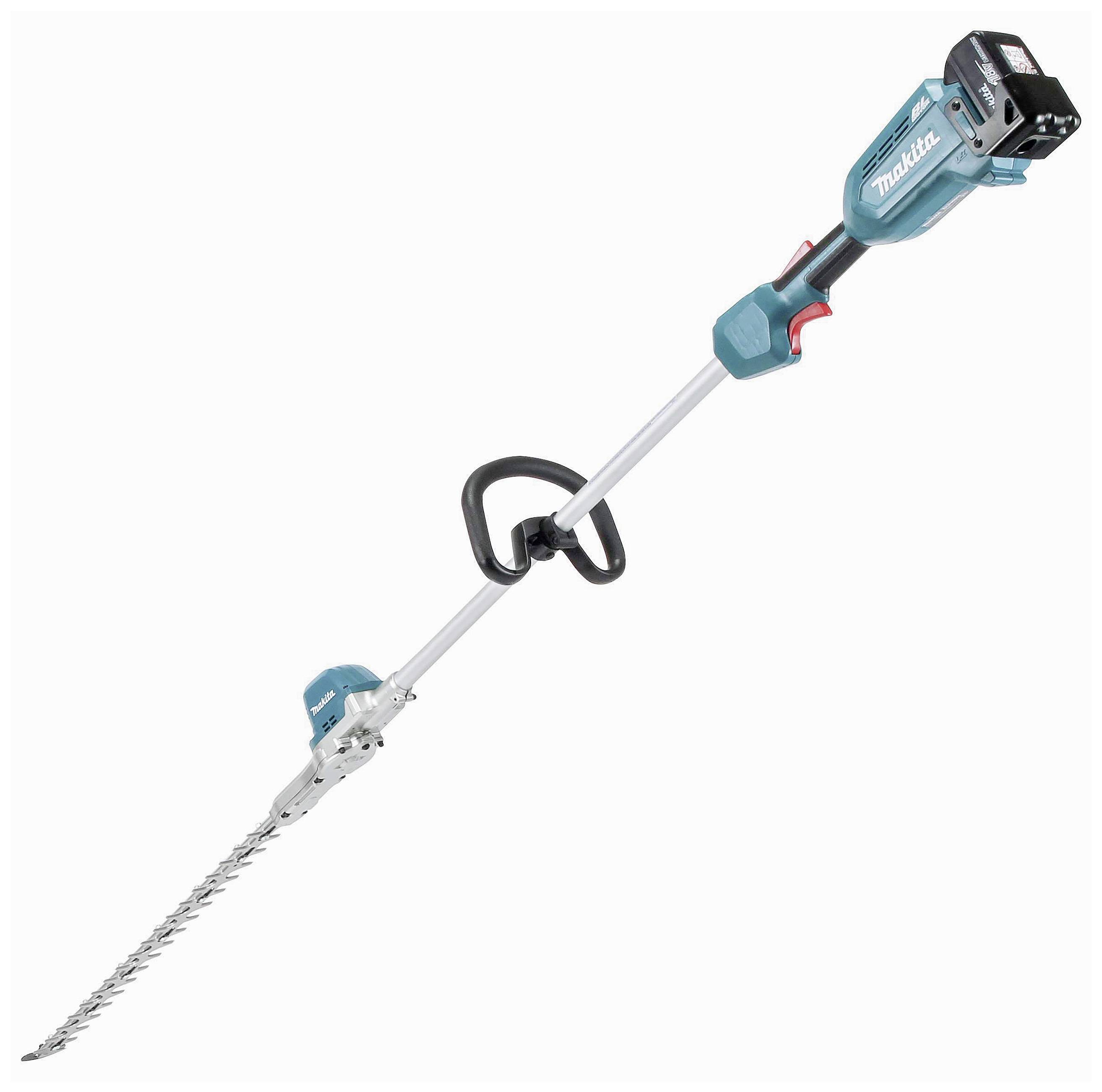 Cordless hedge trimmer with long handle, blue casing and black grip. Ideal for trimming tall hedges.