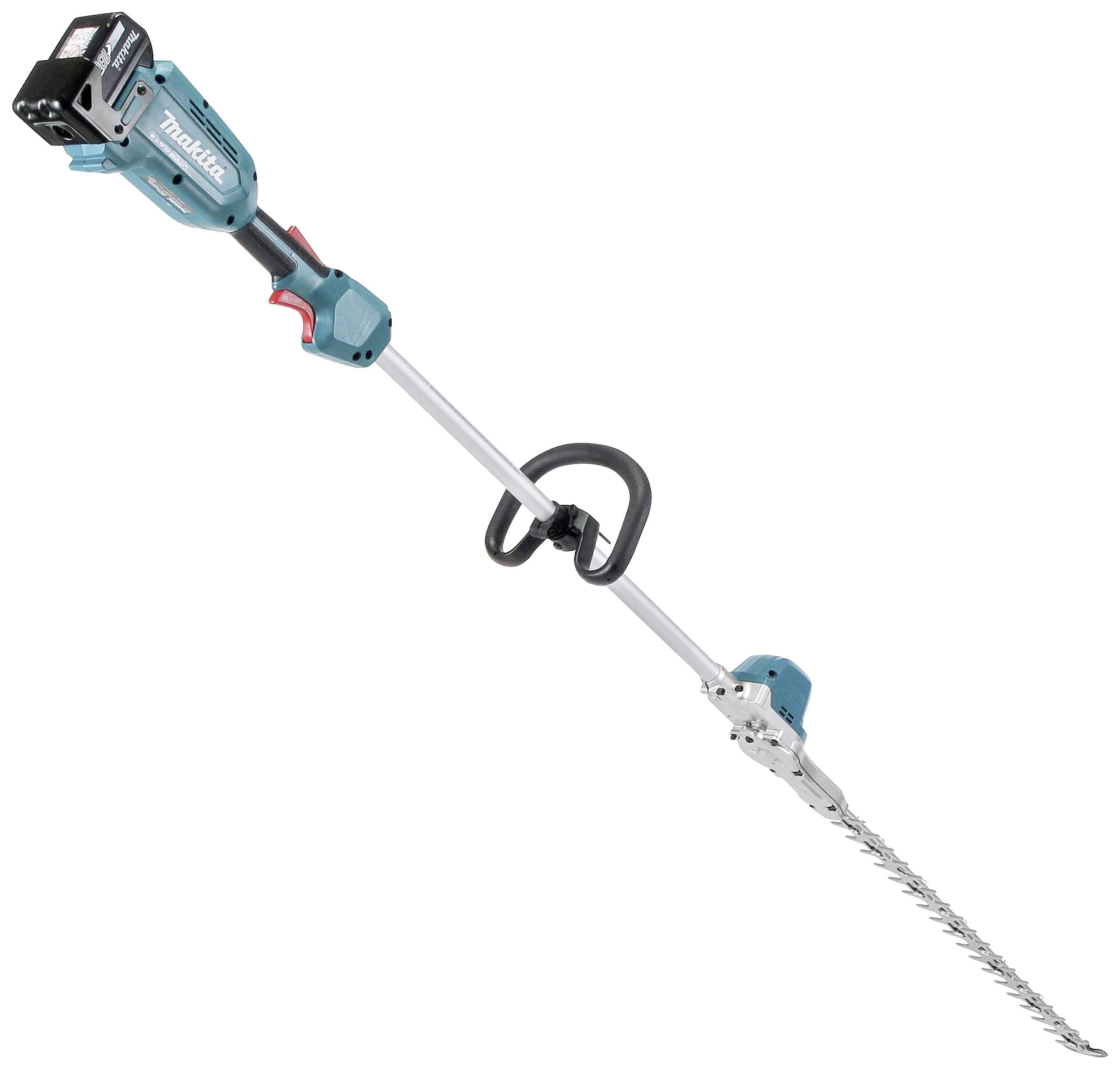 A blue and black Makita hedge trimmer with a long handle and a cutting blade at the end.