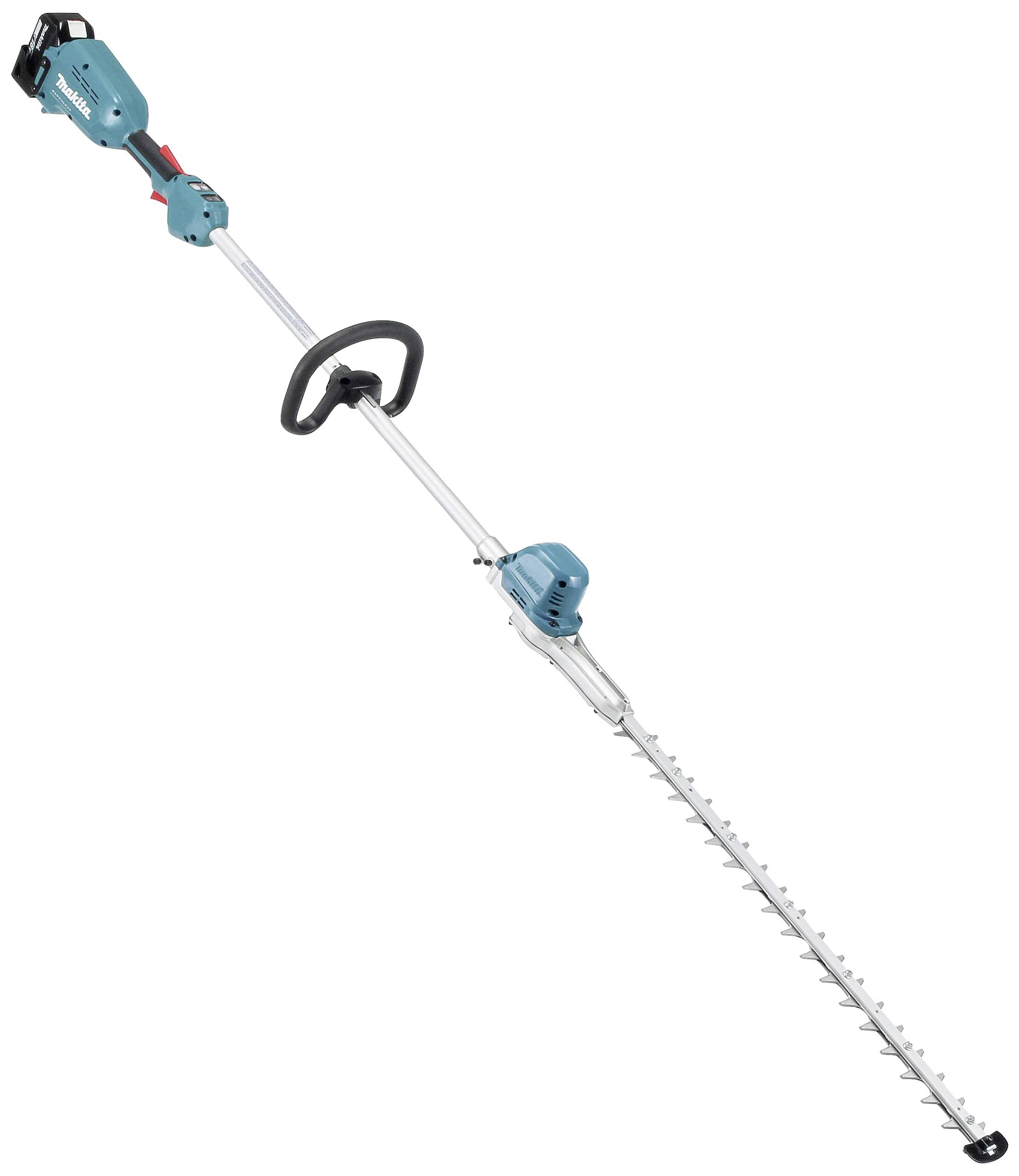 Battery-powered hedge trimmer in full view with long, blue handles. Suitable for cutting tall hedges and bushes.