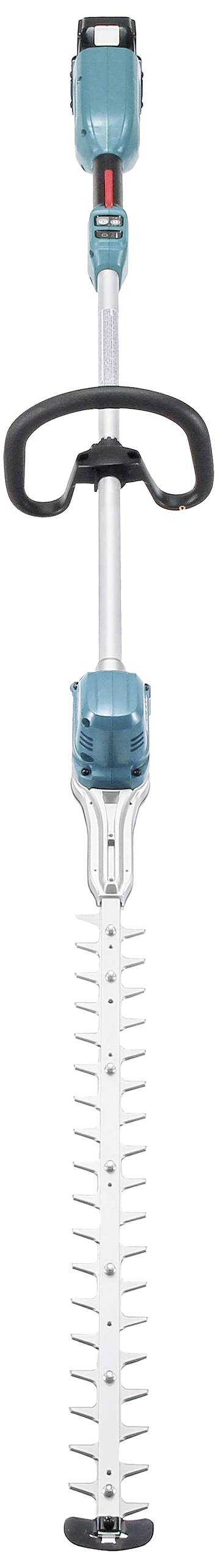 Electric hedge trimmer with long blade and ergonomic handle. Suitable for cutting tall hedges and shrubs.