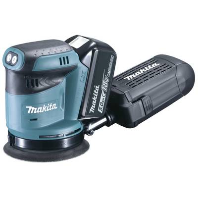 A blue, cordless Makita orbital sander with a black handle and dust container is resting on a light background.