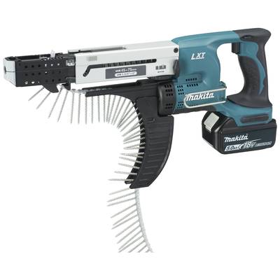 An electric screwdriver with a magazine attachment full of screws, brand name visible on the side, front view.