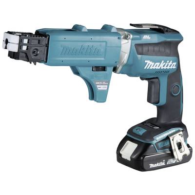 A cordless electric screwdriver in turquoise blue. The device has an ergonomic handle and is equipped with a black magazine attachment.
