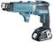 A cordless electric screwdriver in turquoise blue. The device has an ergonomic handle and is equipped with a black magazine attachment.