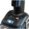 A close-up image of a blue cordless drill with an LED light. The display shows the battery level and mode.
