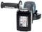 Cordless angle grinder with blue-black casing and handle. Battery is labelled with safety instructions and product information.